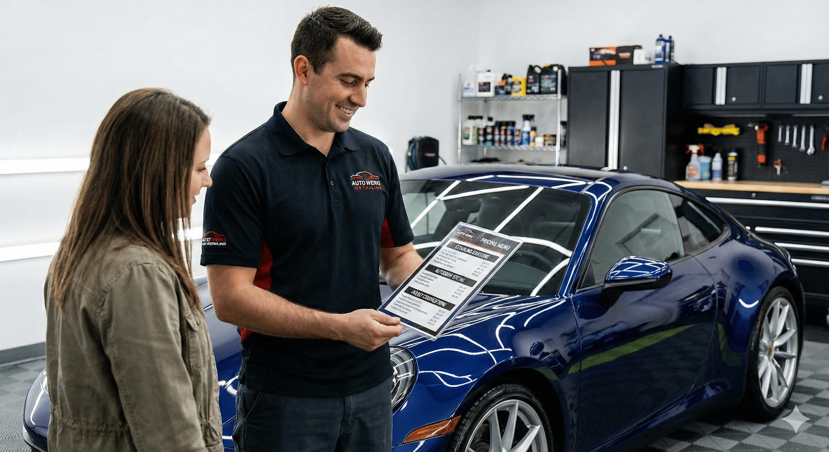 Professional auto detailer presenting a pricing menu to a customer next to a freshly detailed vehicle