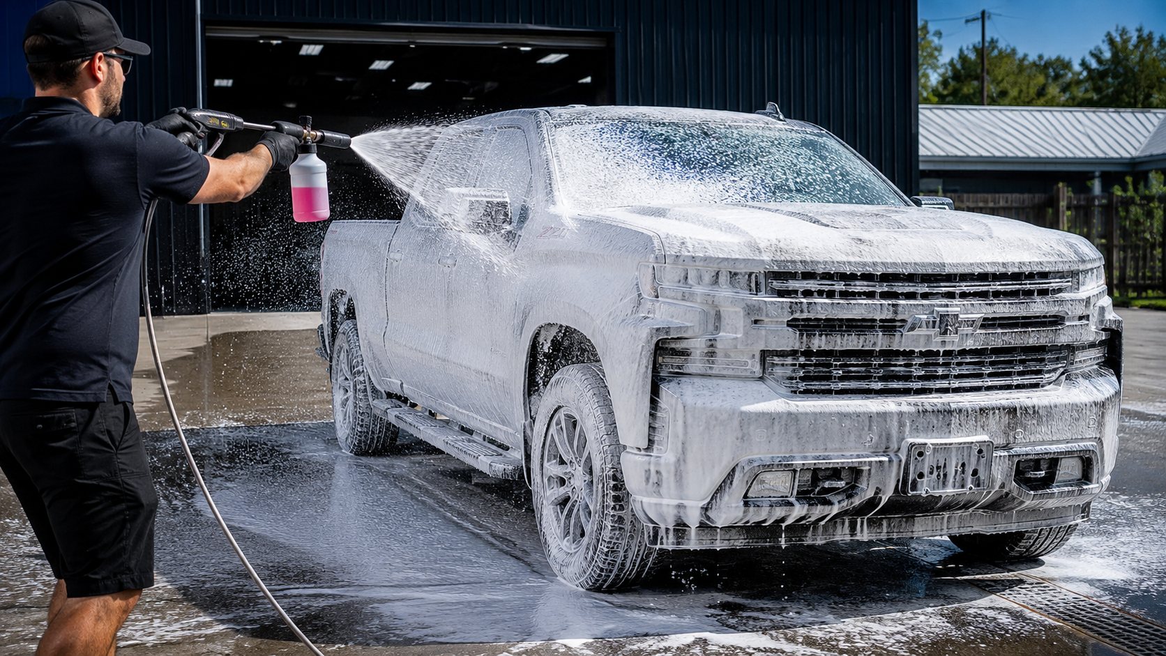 Detailer covering a pickup truck in foam with a foam cannon during a detail