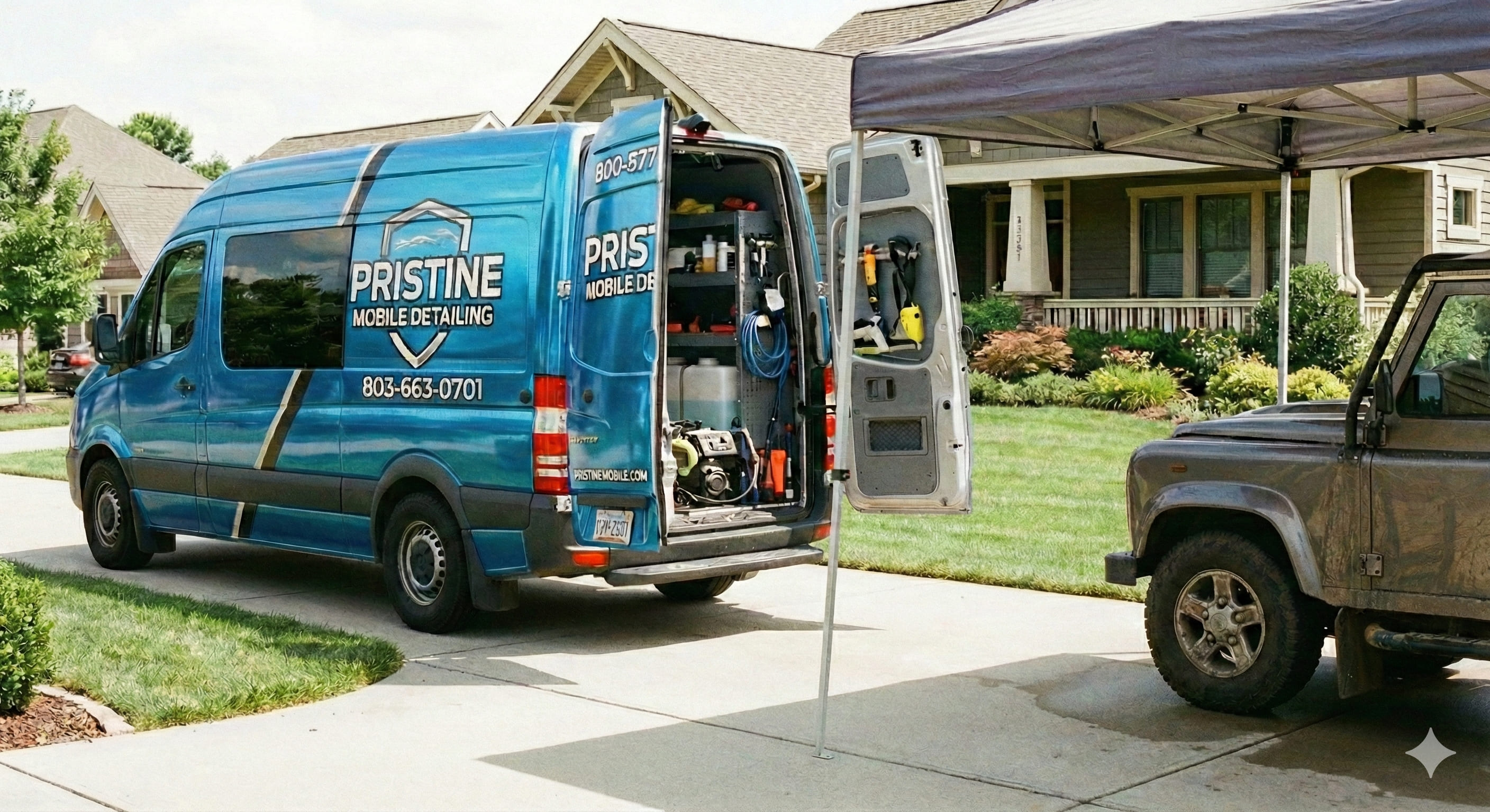 Mobile detailing van with equipment setup ready to service a vehicle in a residential driveway